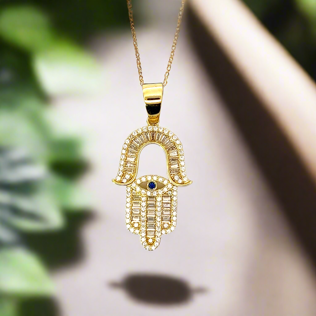 10k Baguette Sapphire Hamsa Pendant